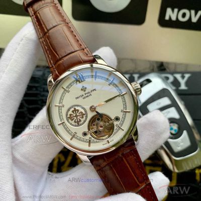 AAA Replica Patek Philippe Complications Tourbillon 42 MM Steel Case Brown Leather Strap Men's Watch